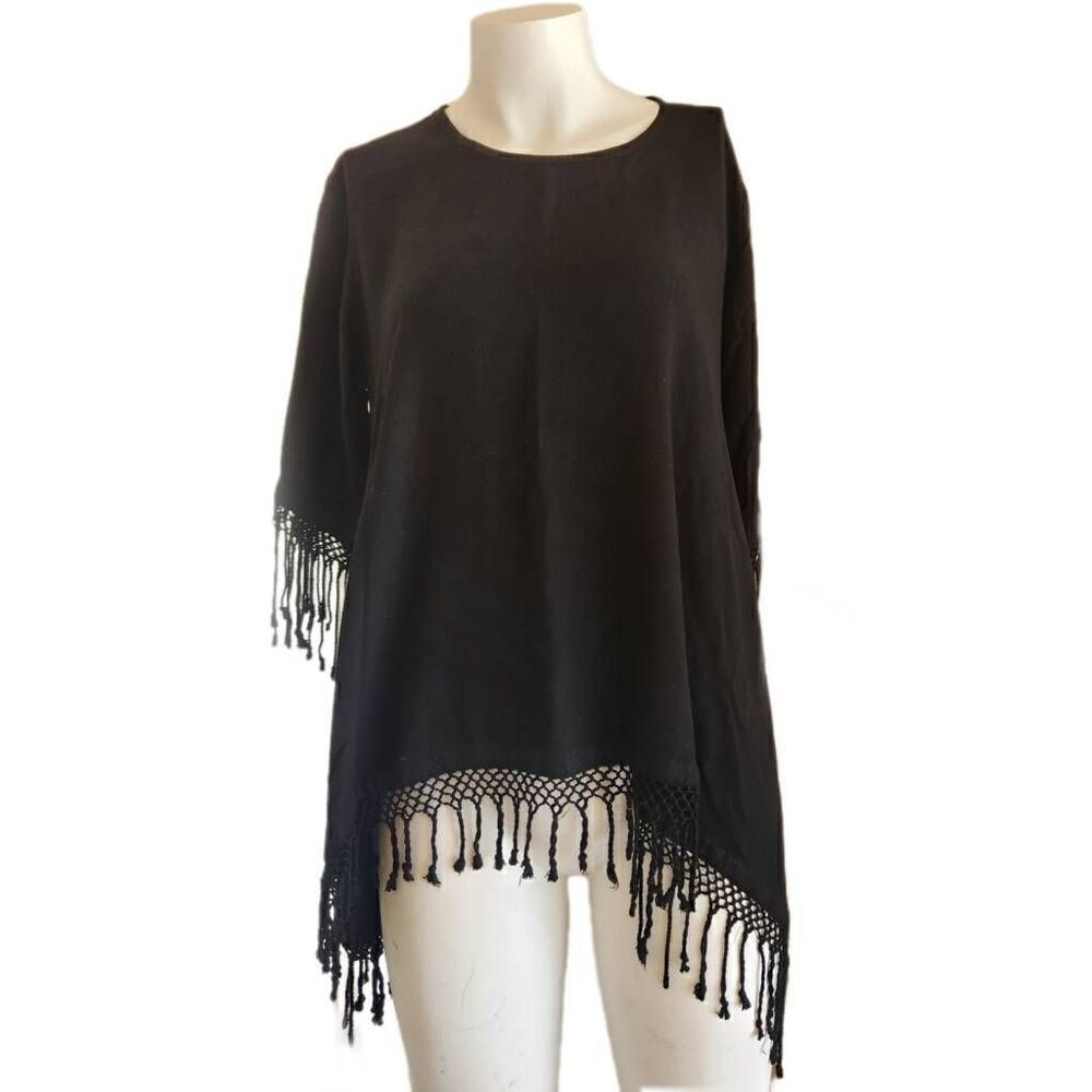 Dairi round neck fringe crochet blouse black western boho top